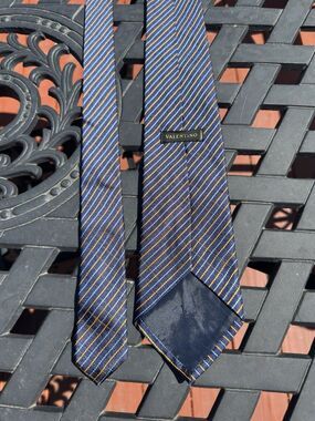 Vintage Valentino Silk Tie Striped Navy Blue Yellow Italy Windowpane